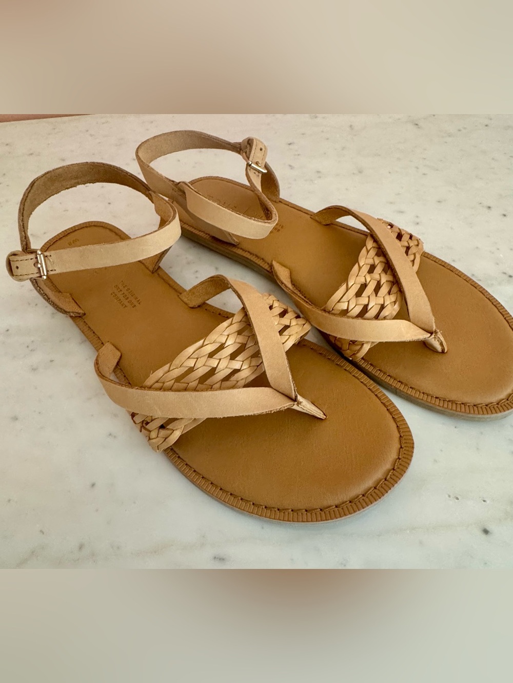 Toms “Lexie” Tan Braided Leather Ankle-Strap Sandals, Thong Style. New. Size 8
